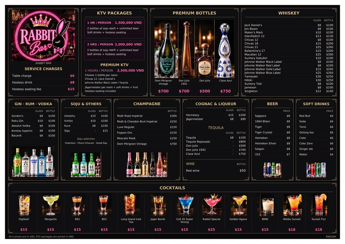 Rabbit Bar menu — karaoke packages and drink prices
