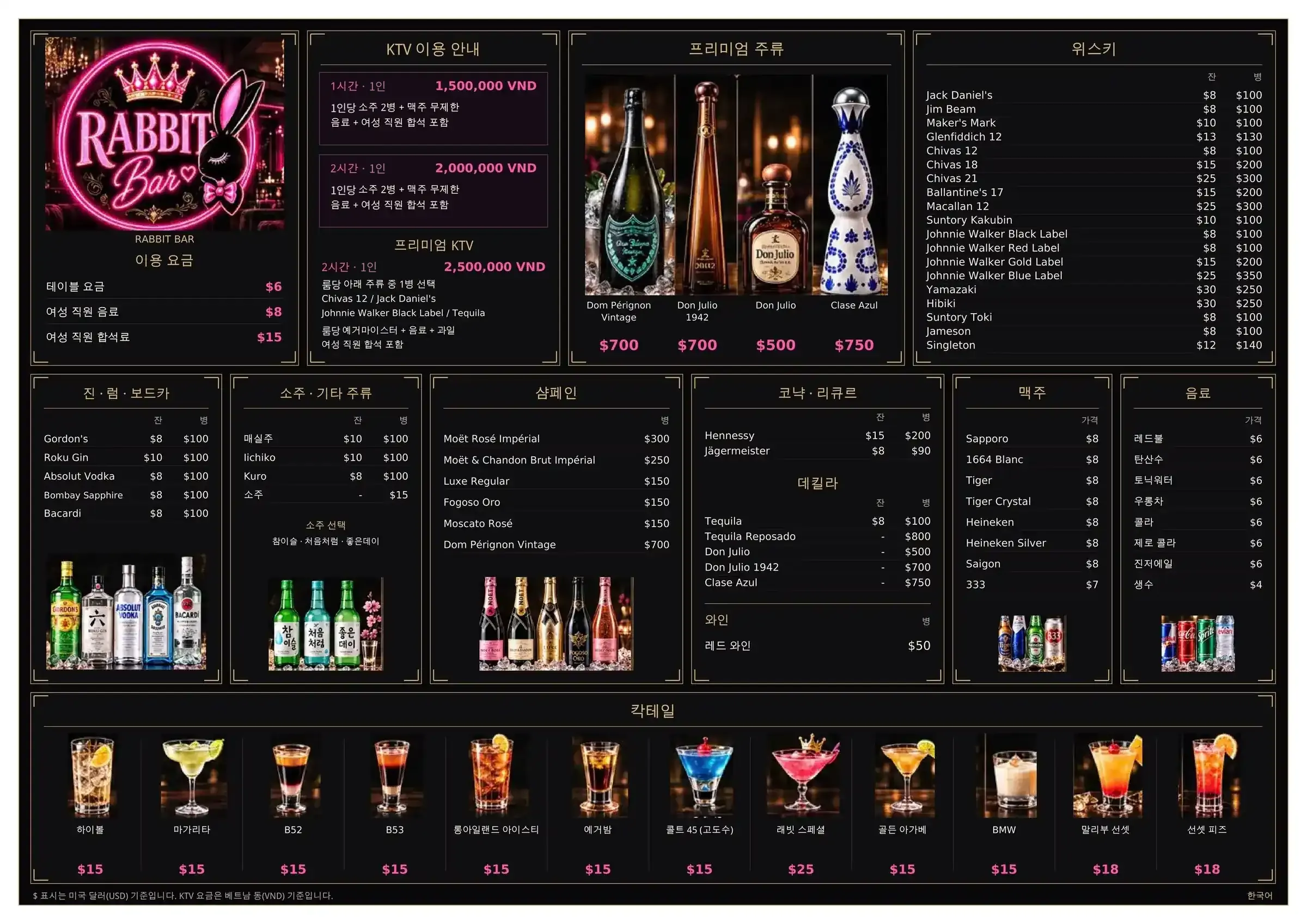 Rabbit Bar menu (in-store price list)