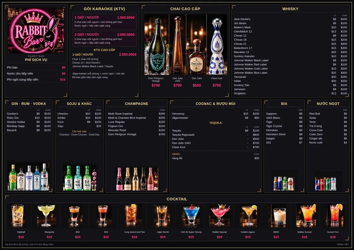 Menu Rabbit Bar — gói karaoke và giá đồ uống